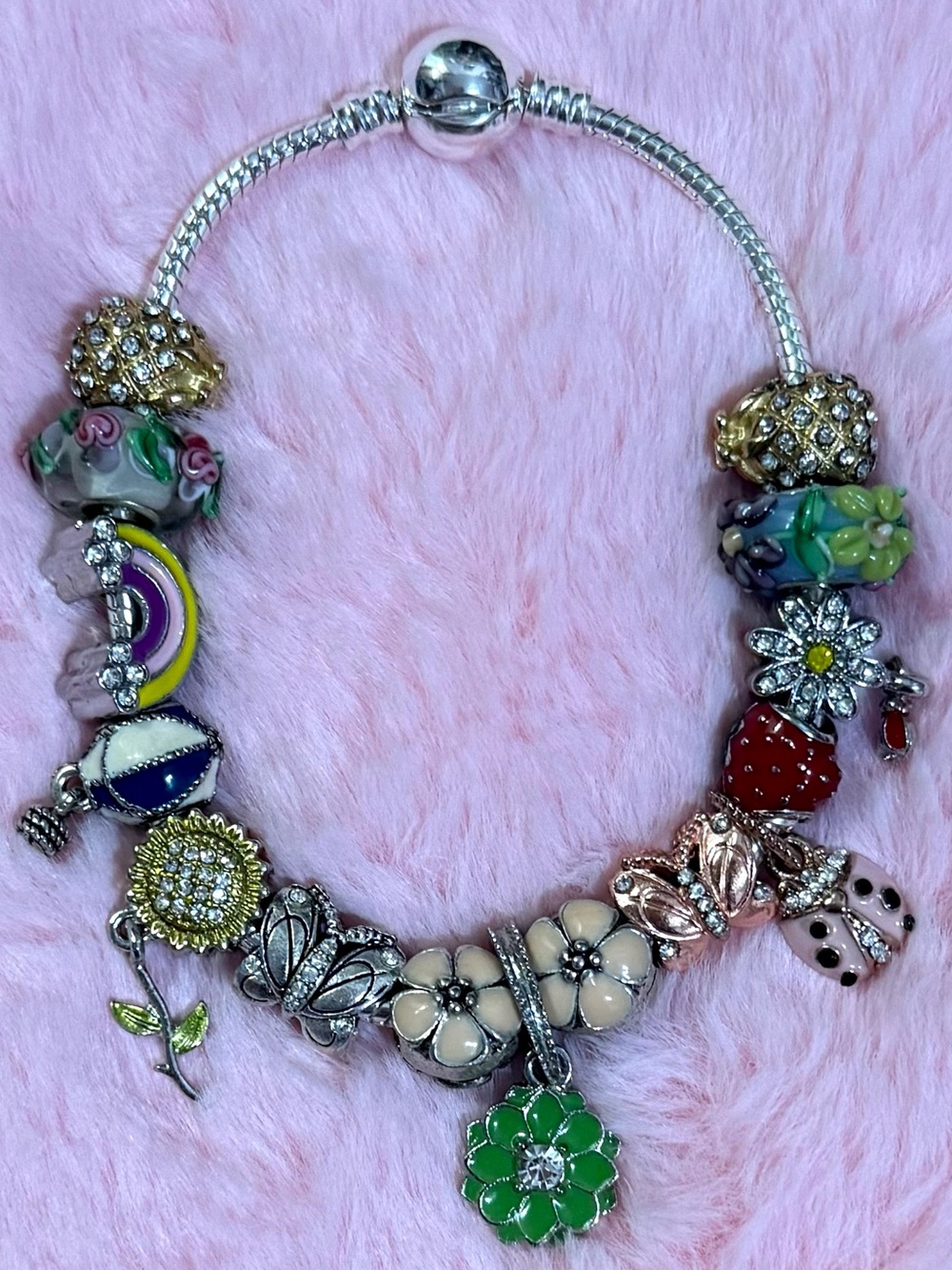 Spring Summer Hawaiian Flower Lady Bug European Charm Bracelet- Not Pandora
